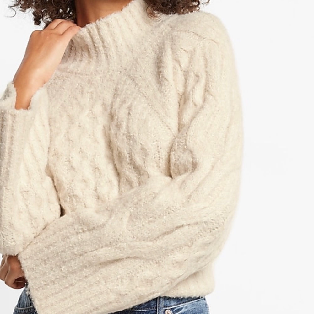 Woman express Cozy Cable Knit Mock Neck Sweater Color: SANDSHELL Large